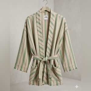 Zara Beige and Green Striped Women's Coat